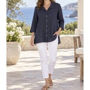 Cali Girls Navy Textured Button Front Tunic Blouse 3/4 Sleeve Size Small